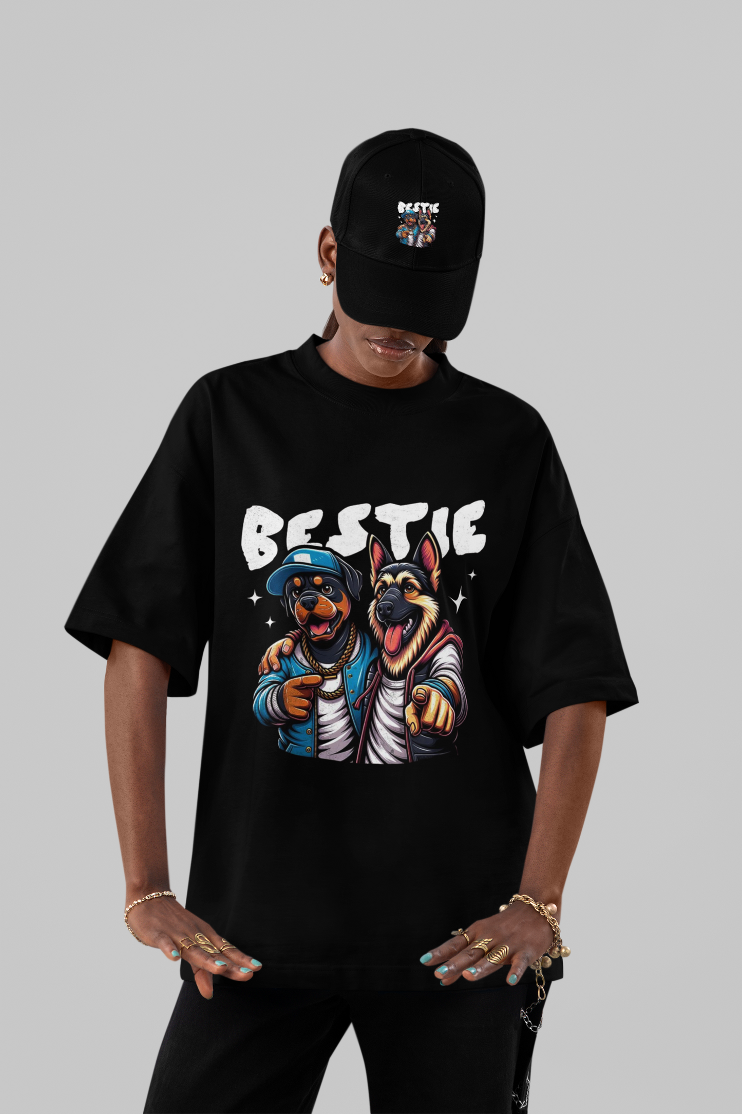 “Bestie Vibes” Oversized Tee – Hip-Hop Dog Duo Edition