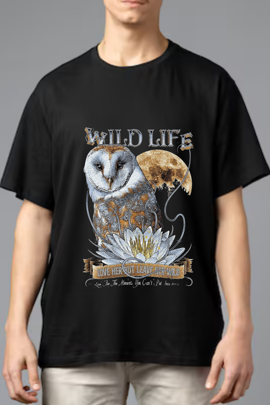 Wild Life Moonlit Owl Tee – Black Oversized Unisex