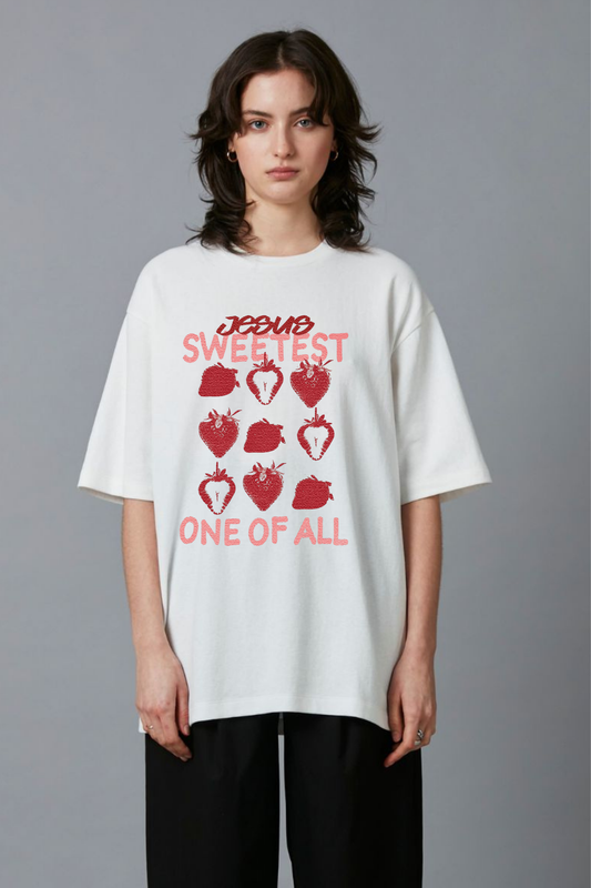 SWEETEST ONE OF ALL" Oversized Strawberry Graphic Tee