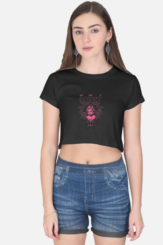 JUST KEEP IT QUIET" Barbed Heart Cherub Crop Tee
