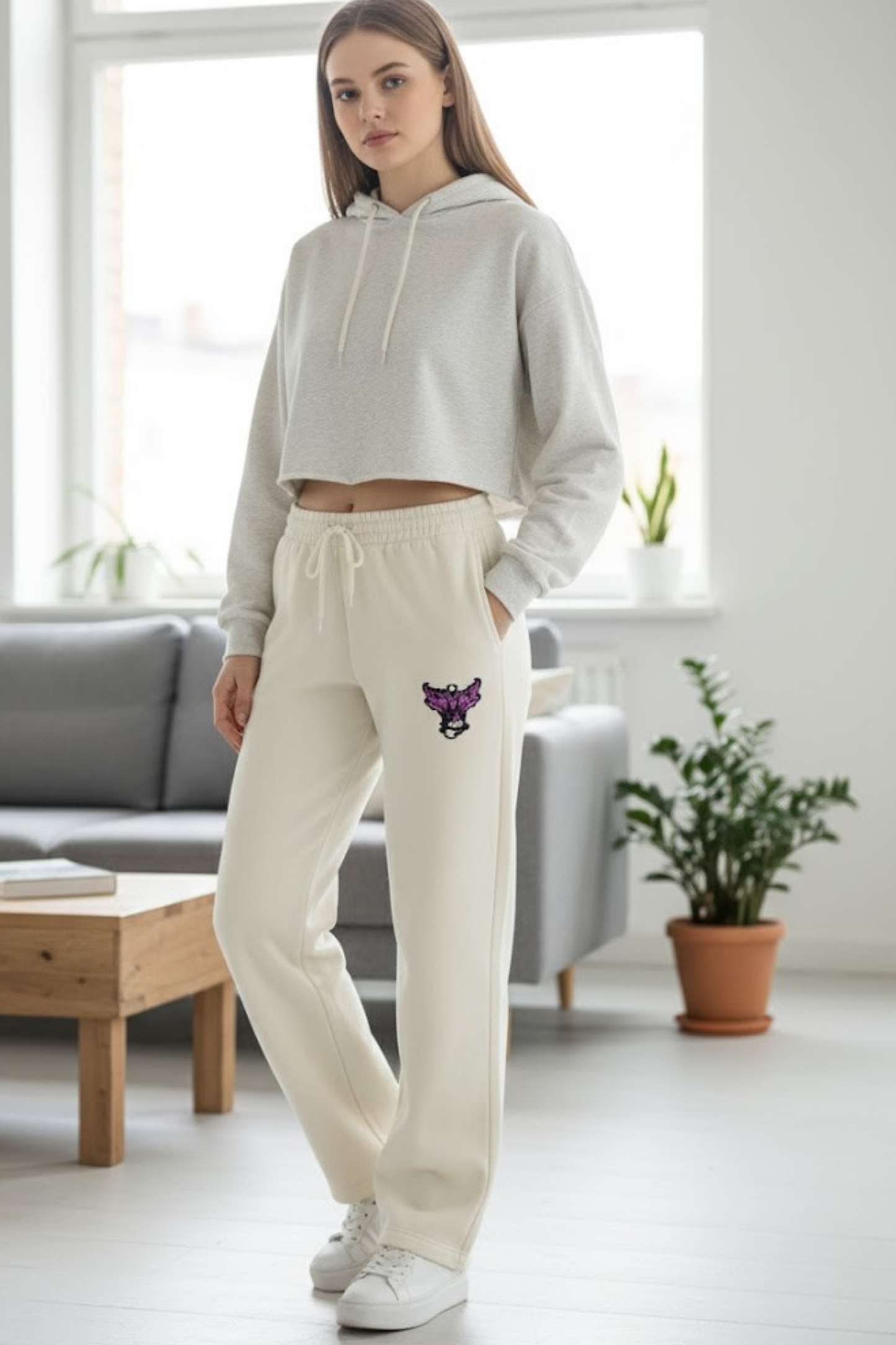 Dreamy Cream Wide-Leg Sweatpants with Purple Moth Graphic