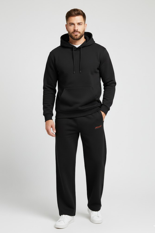 Relaxed Fit Black Fleece Sweatpants with Red Embroidery