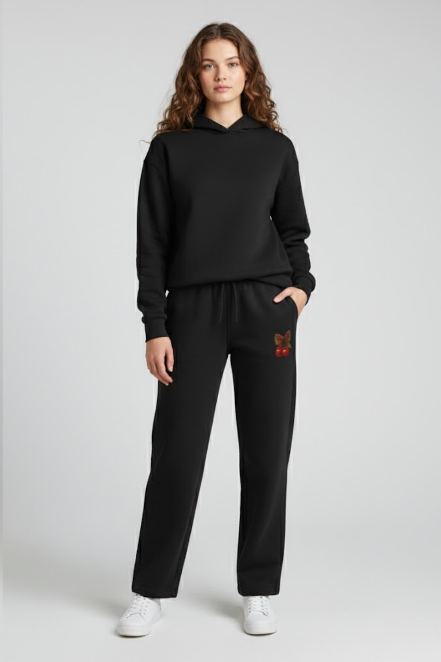 Cherry Lips Embroidered Relaxed Black Fleece Sweatpants