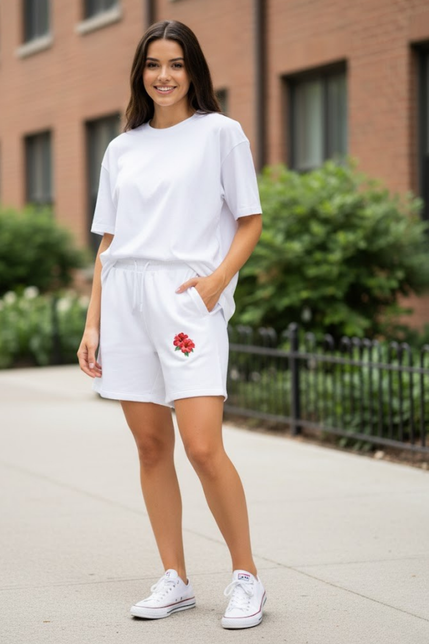 Rose Embroidered Fleece Sweat Shorts