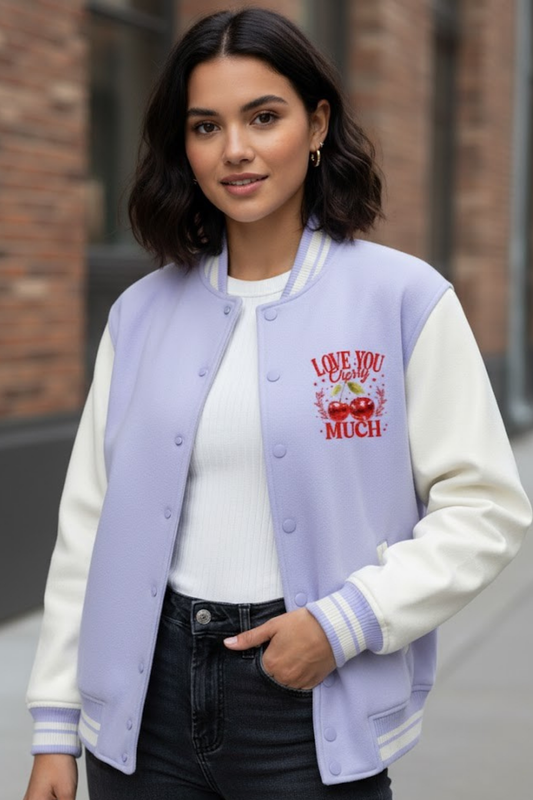 Love You Cherry Much Varsity Jacket - Lilac Edition