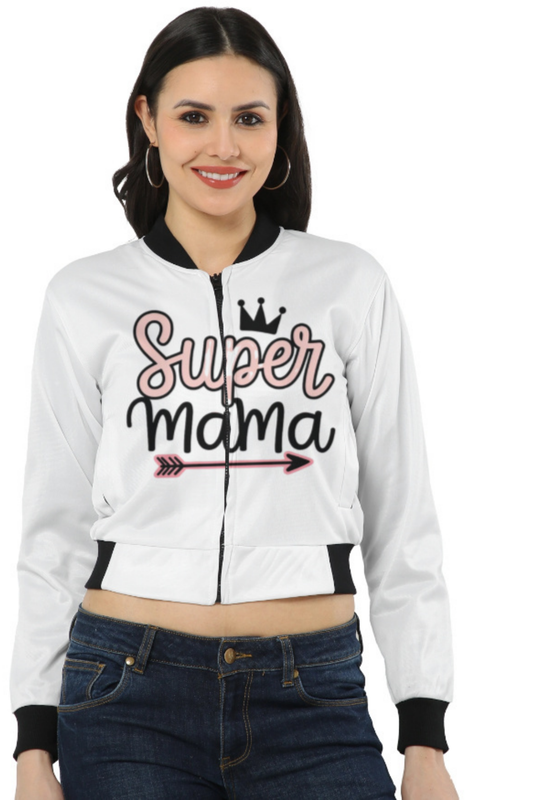 Super Mama Cropped Bomber Jacket with Crown Graphic