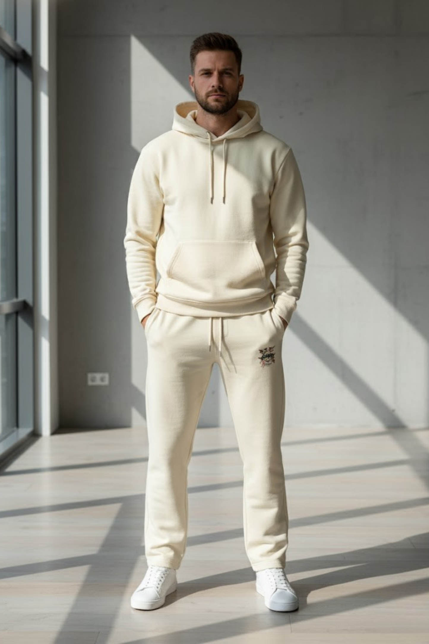 Minimalist Cream Fleece Sweatpants - Signature Graphic