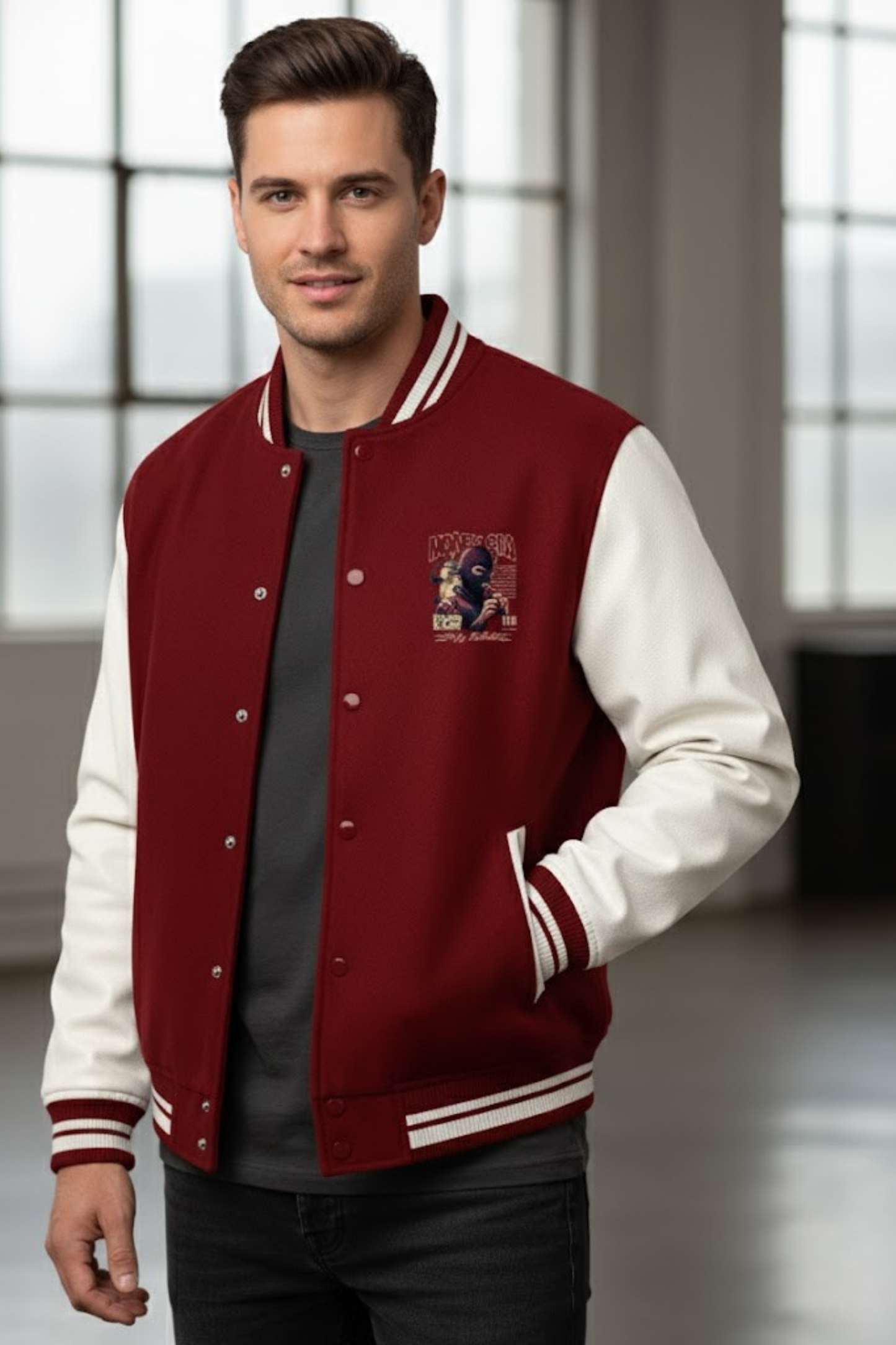 Night Owl" Patch Varsity Jacket – Burgundy & Cream