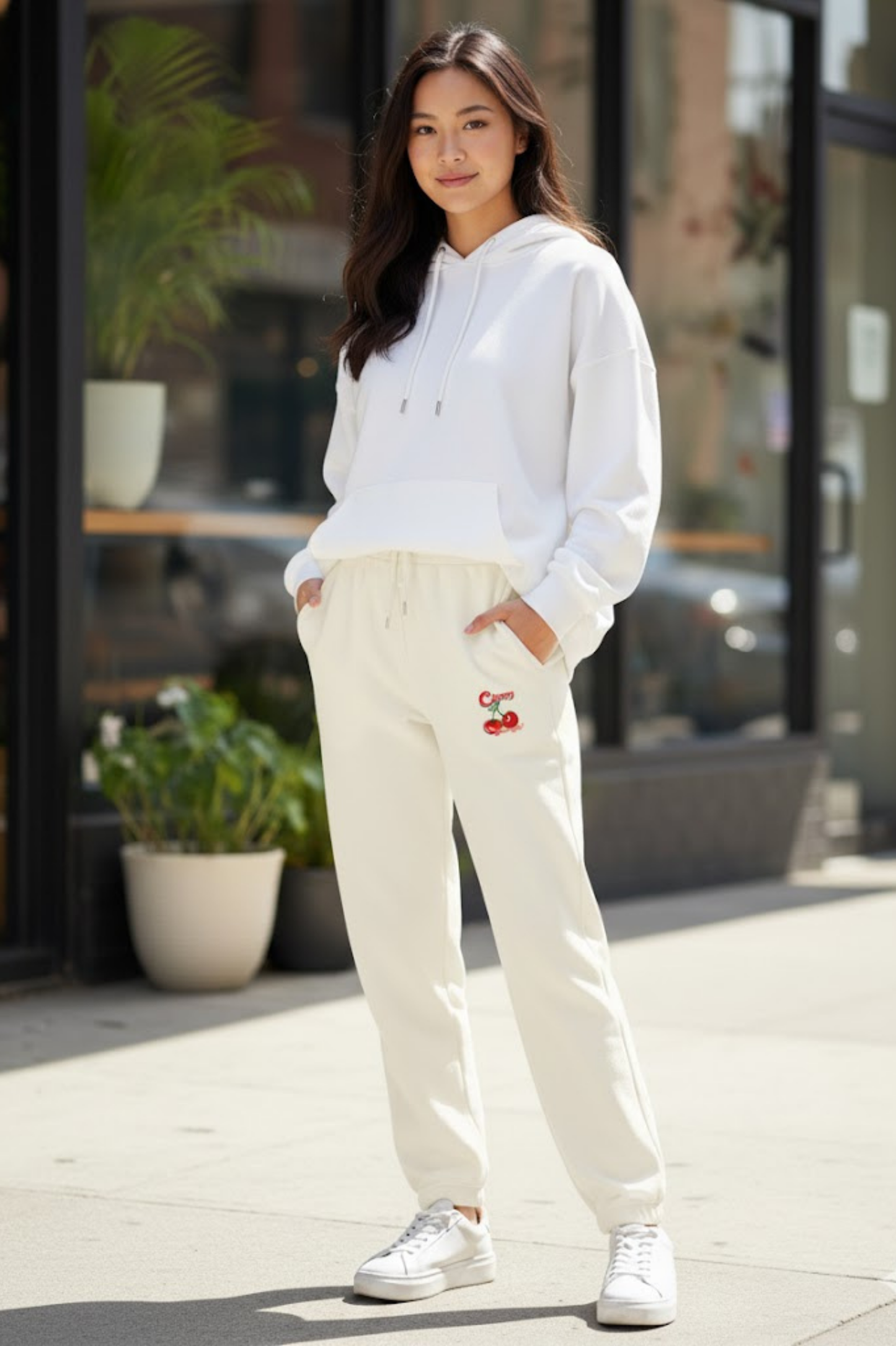 Cream Fleece Drawstring Joggers with Embroidered Cherry Detail