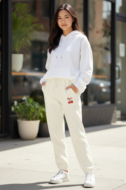 Cream Fleece Drawstring Joggers with Embroidered Cherry Detail