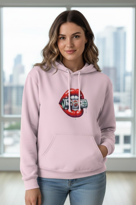 Money Mouth Graphic Hoodie: Pink & Red Lip Statement