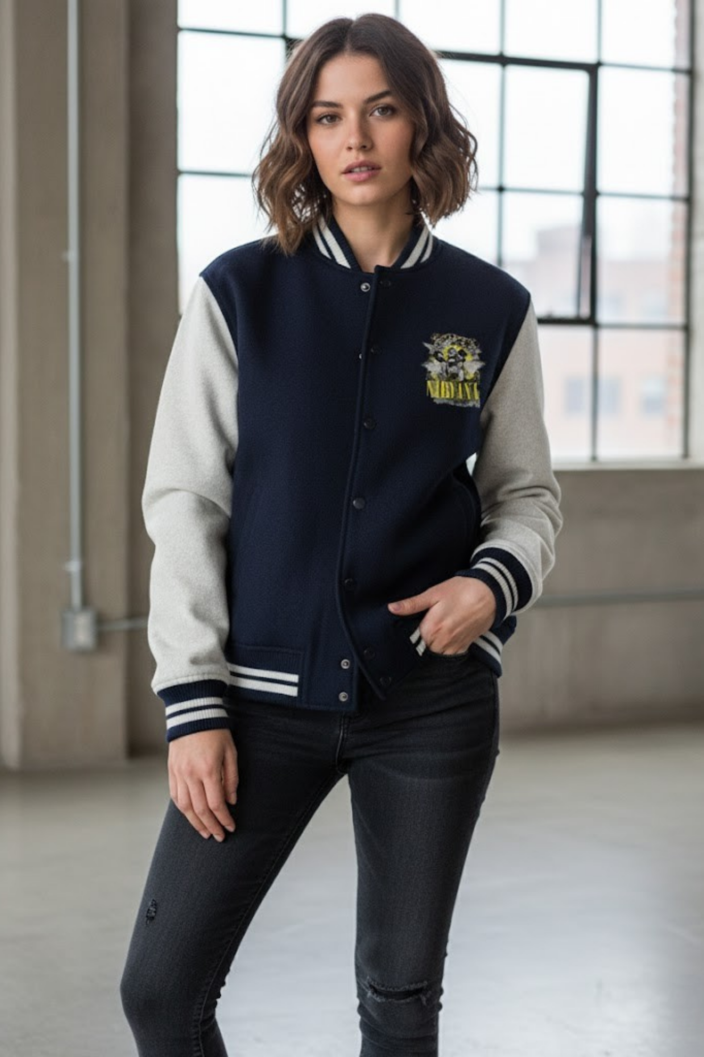 Nirvana Distressed Smiley Varsity Bomber Jacket