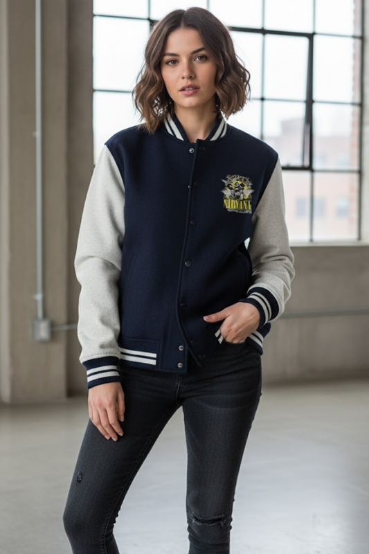 Nirvana Distressed Smiley Varsity Bomber Jacket