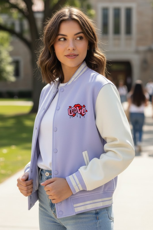 Lilac & Cream College Varsity Jacket with Drip Love Patch