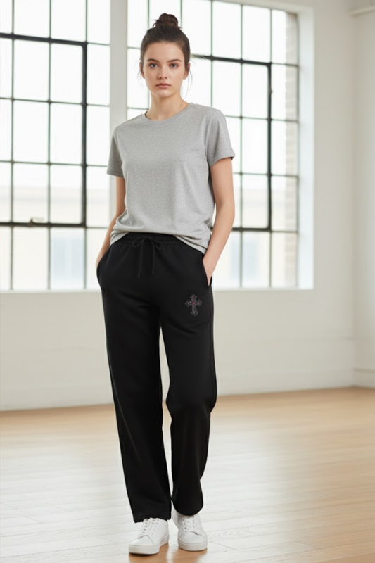 Gothic Cross Embroidered Black Baggy Sweatpants