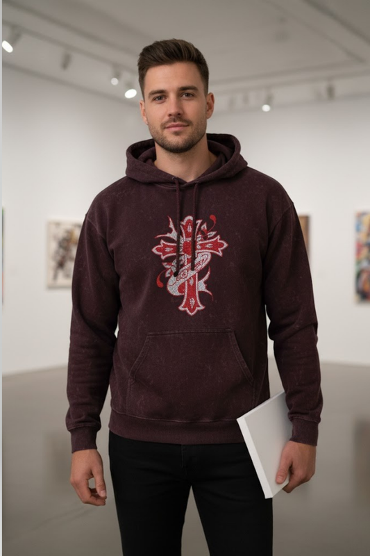 Rhinestone Cross Graphic Acid Washed Hoodie