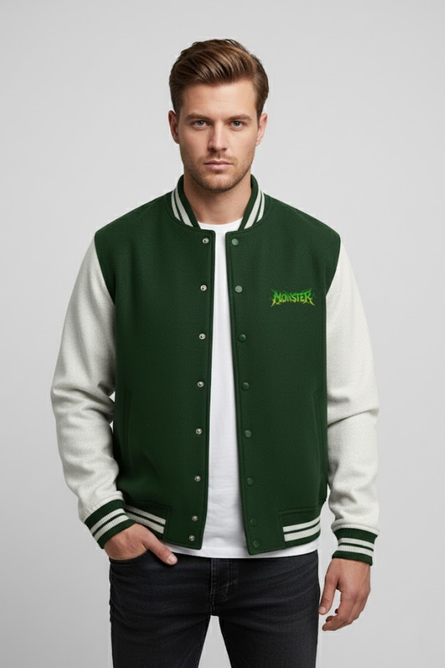 Energy Rush" Forest Green & Cream Varsity Jacket