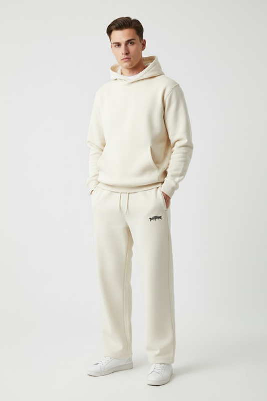 Cream Relaxed-Fit Track Pants with Gothic Text Graphic