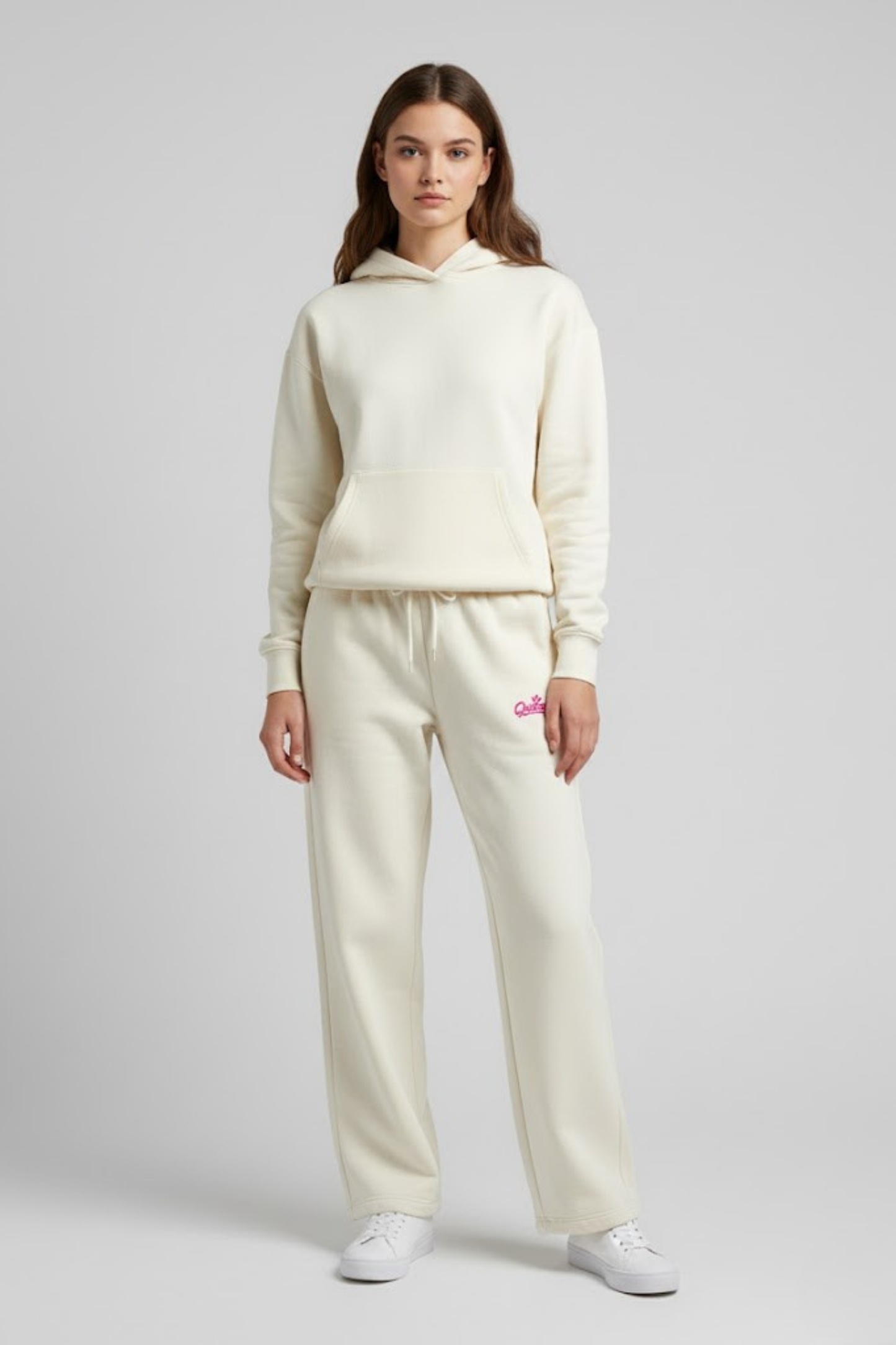 Queen" Wide-Leg Fleece Sweatpants (Cream/Hot Pink)