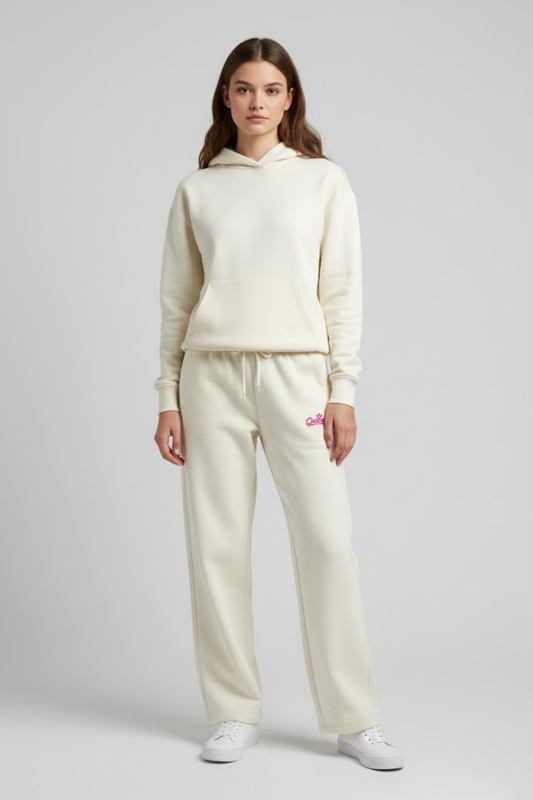 Queen" Wide-Leg Fleece Sweatpants (Cream/Hot Pink)