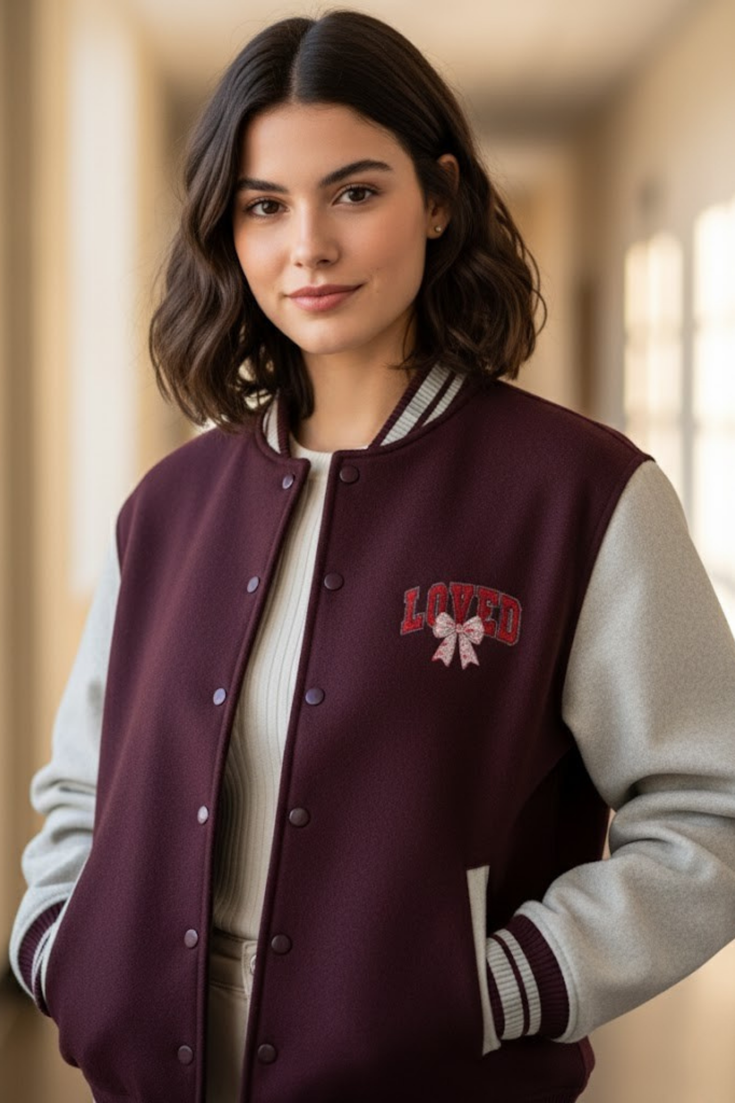 Chic & Cozy: Varsity Jacket - Maroon & Oatmeal with 'Loved' Bow Detail