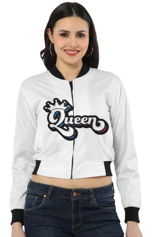 Statement Cropped Bomber: White 'Queen' Graphic Jacket