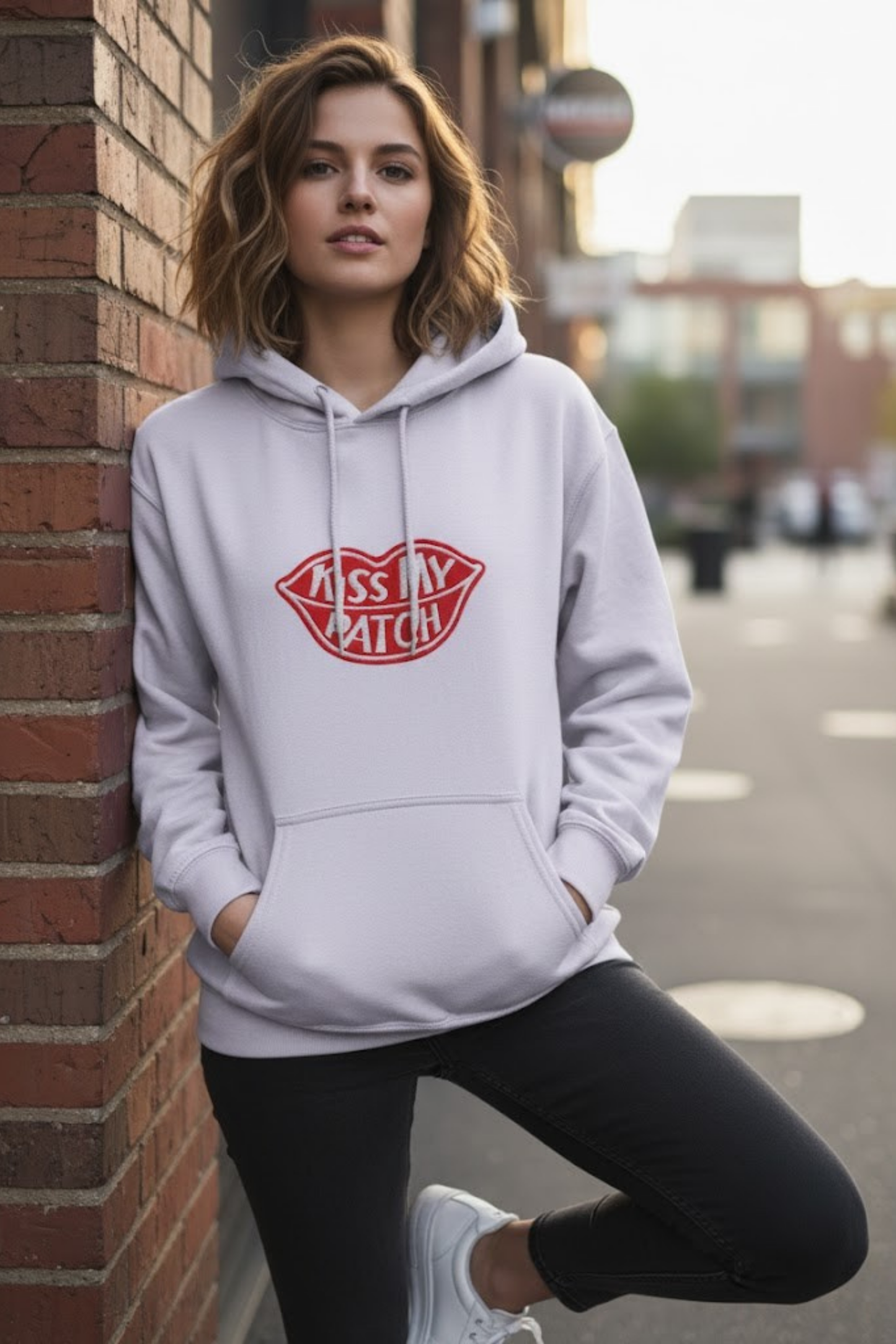 Kiss My Patch" Statement Hoodie - Red Lips Graphic