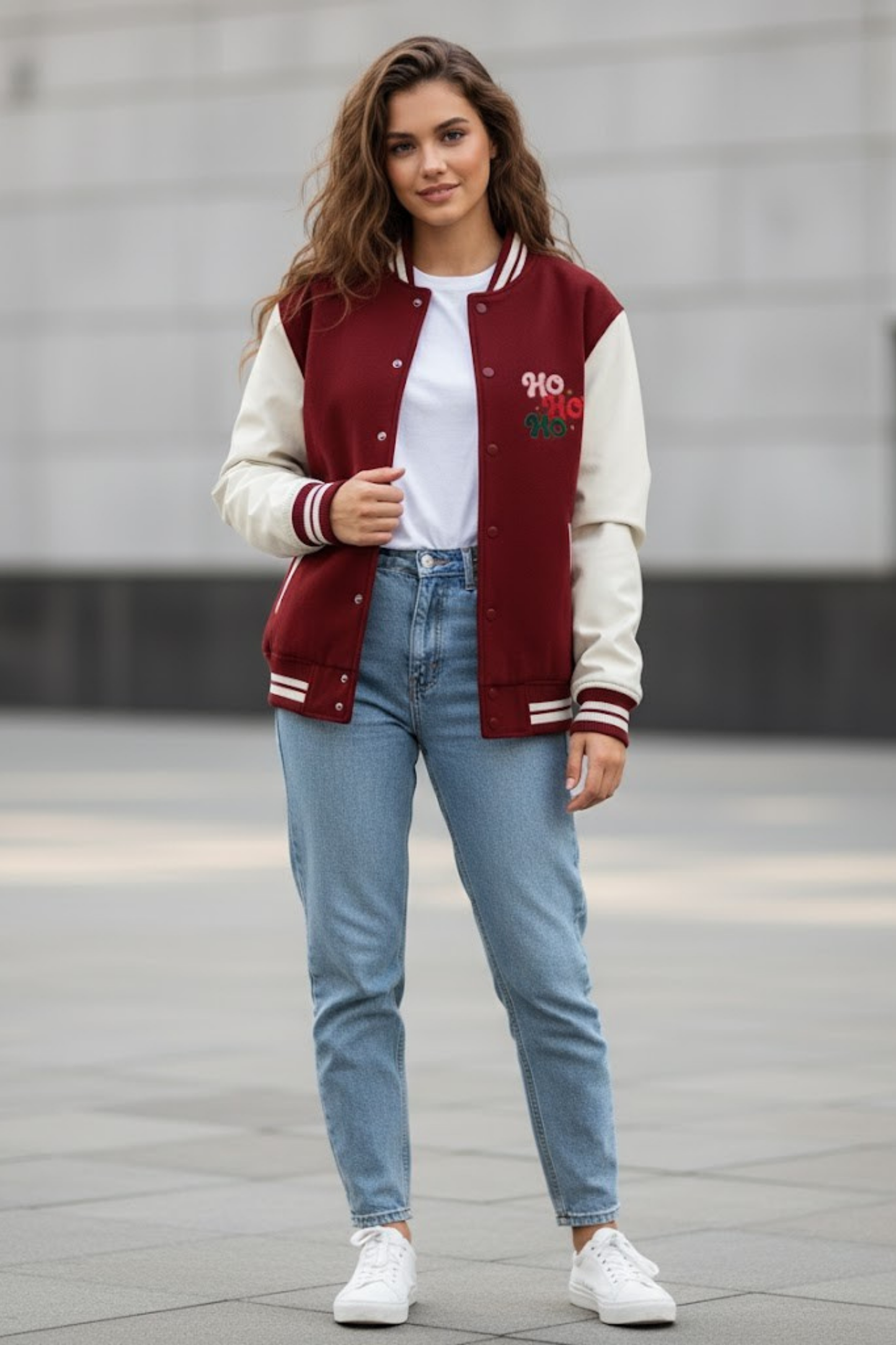 Festive "HO HO HO" Embroidered Varsity Jacket