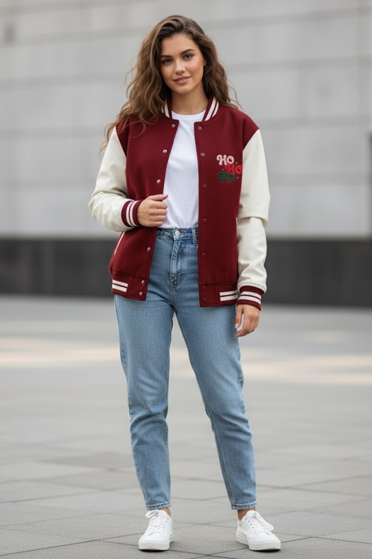 Festive "HO HO HO" Embroidered Varsity Jacket