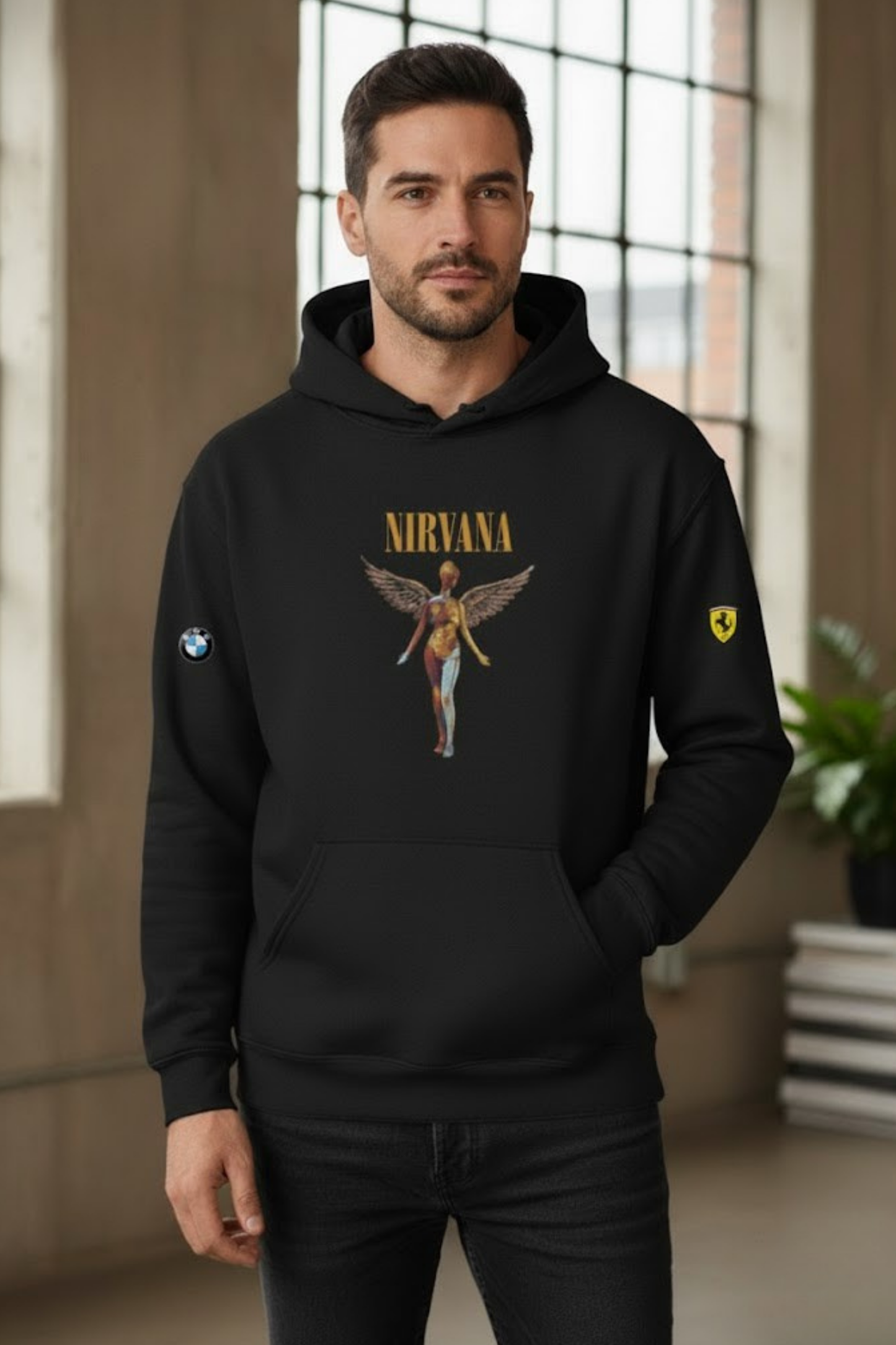 Iconic Nirvana In Utero Black Hoodie with Motorsport Patches