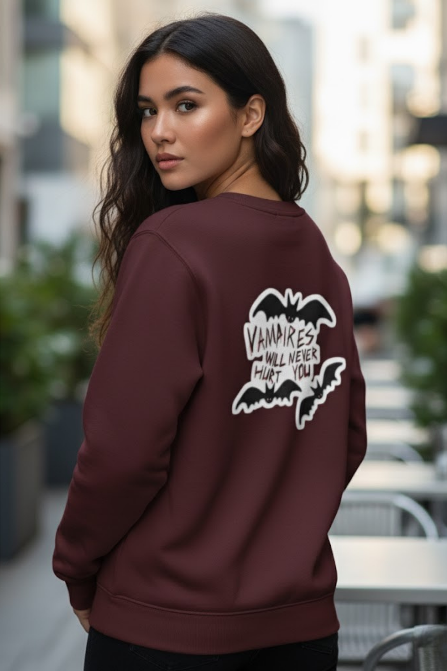 Gothic Fangs & Bats Crewneck: The "Vampires Will Never Hurt You