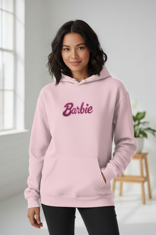 Barbiecore Meets Punk: Pink Glitter Logo & Edgy Kitty Hoodie