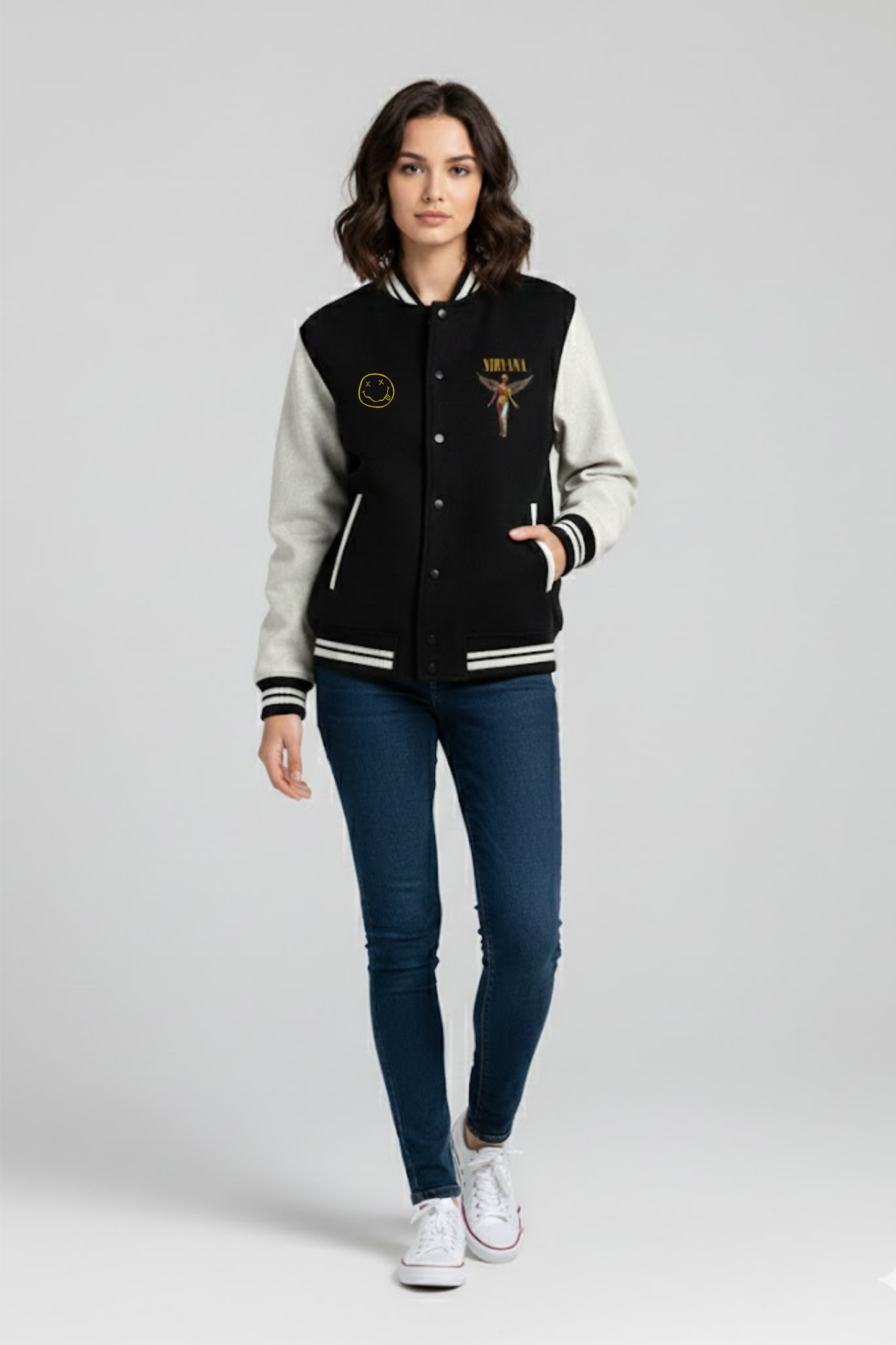 The Fan Favorite: Nirvana Varsity Jacket - Smiley & Angels Print