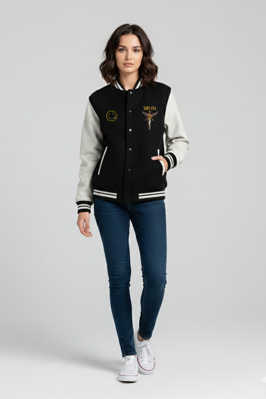 The Fan Favorite: Nirvana Varsity Jacket - Smiley & Angels Print