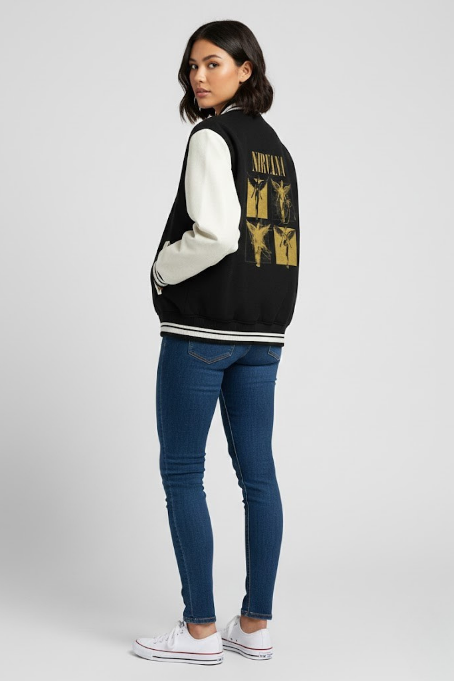 The Fan Favorite: Nirvana Varsity Jacket - Smiley & Angels Print