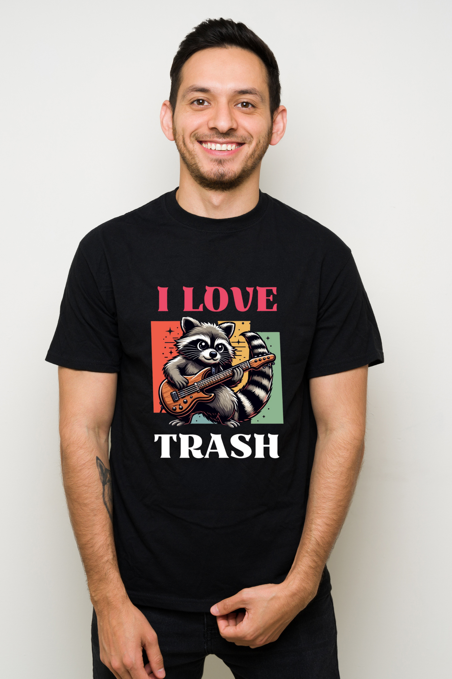 I Love Trash" Raccoon Guitar Graphic Tee