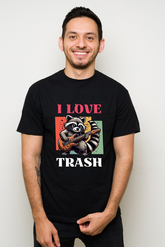 I Love Trash" Raccoon Guitar Graphic Tee