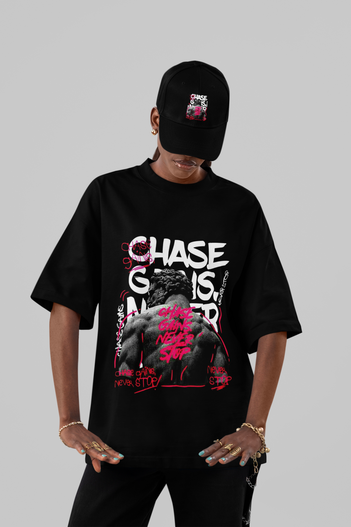 Alaseee “Chase Gains, Never Stop” Oversized Tee – Gym Edition