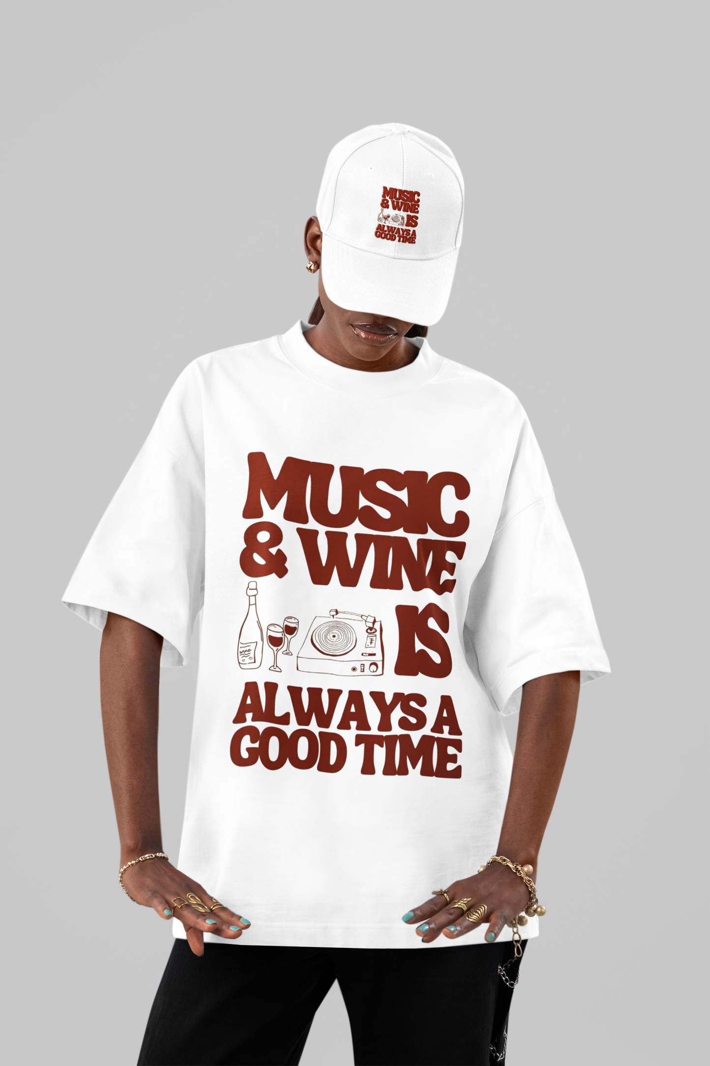 Music & Wine Retro Graphic Oversized T-Shirt