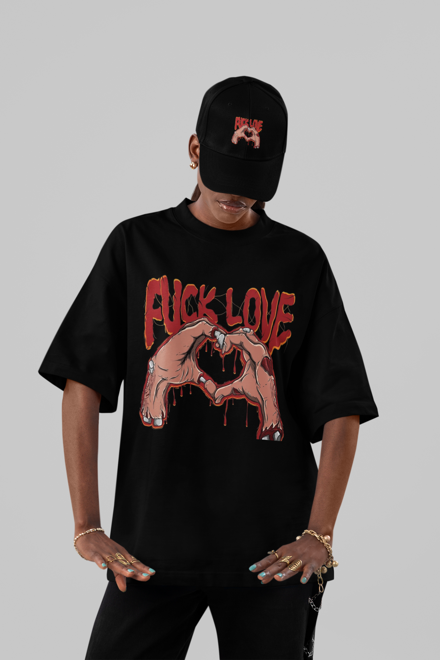 FUCK LOVE" Bleeding Heart Hands Oversized Tee