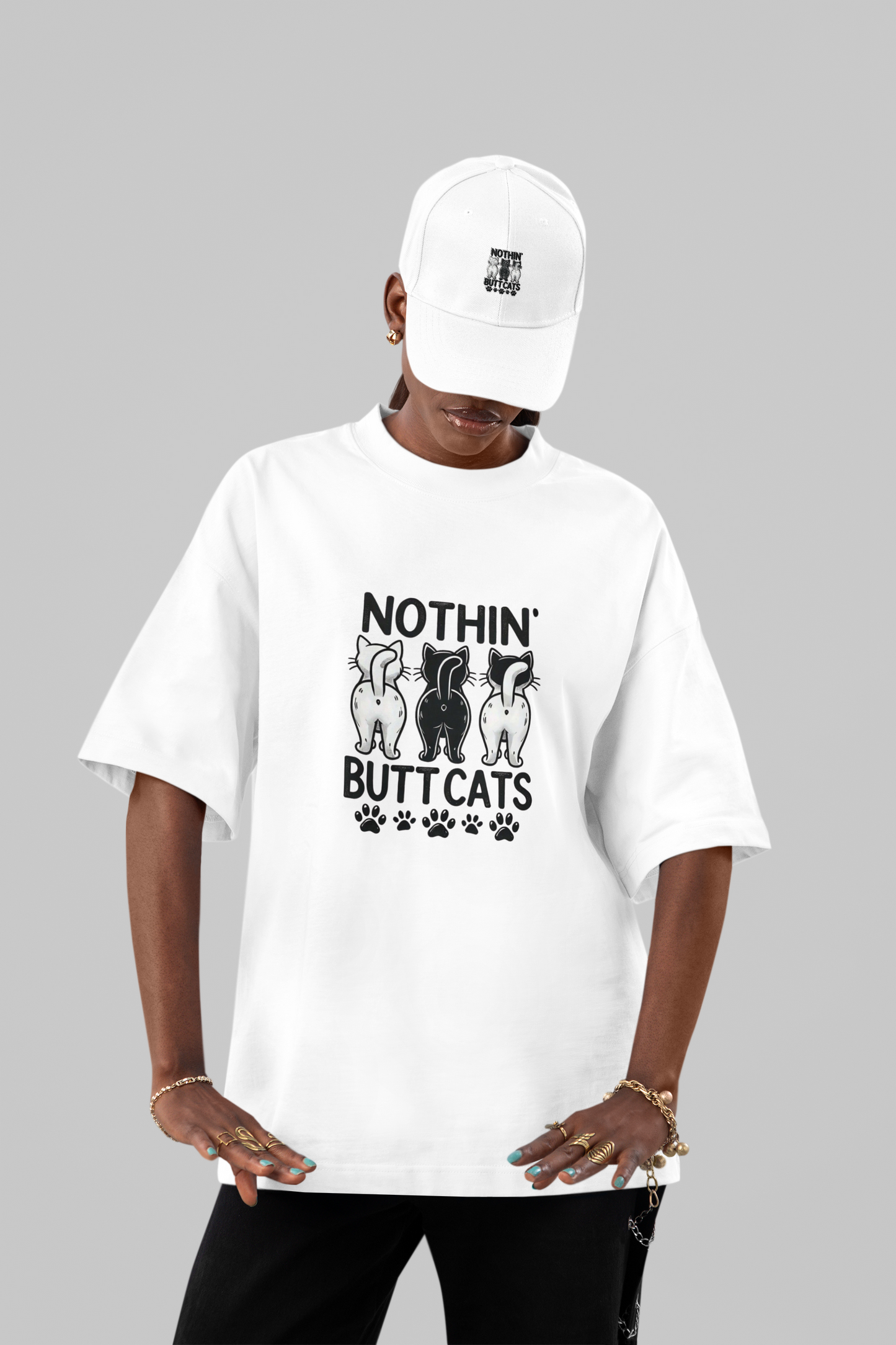 Funny Cat Lover "Nothin' Butt Cats" Pun Oversized Tee