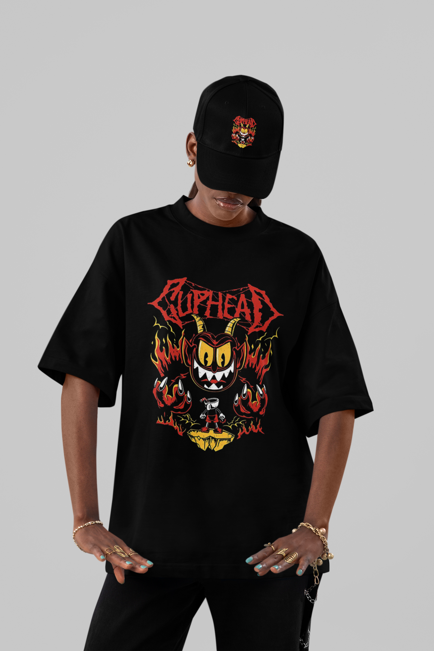 Cuphead Devil Metal Logo Oversized T-Shirt