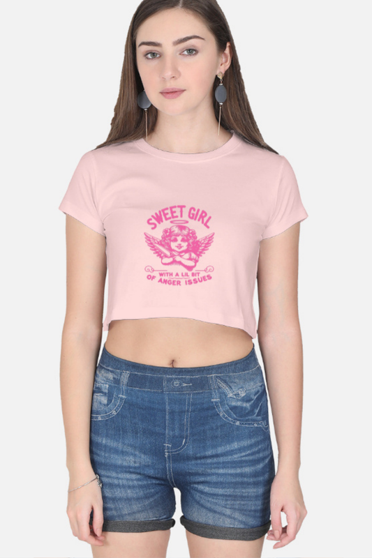 Sweet Girl with Anger Issues" Angel Crop Tee